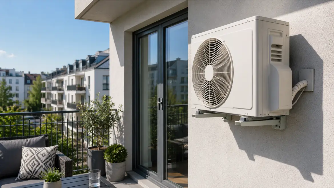 Außengerät einer Klimaanlage ist an der Fassade neben einem Balkon einer modernen Wohnanlage montiert.