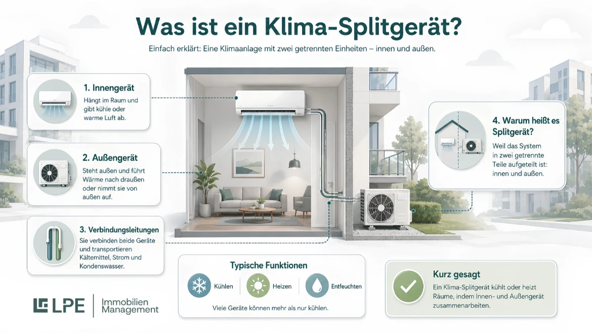 Infografik erklärt ein Klima-Splitgerät mit Innengerät, Außengerät, Verbindungsleitungen sowie den Funktionen Kühlen, Heizen und Entfeuchten.