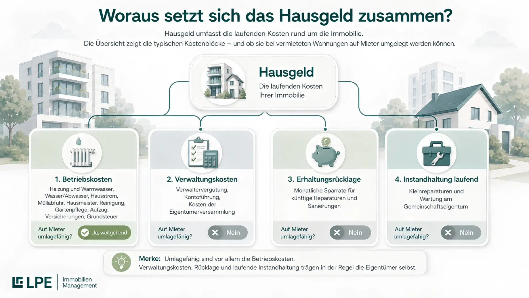 Infografik zur Zusammensetzung des Hausgelds mit vier Kostenblöcken: Betriebskosten, Verwaltungskosten, Erhaltungsrücklage und laufende Instandhaltung