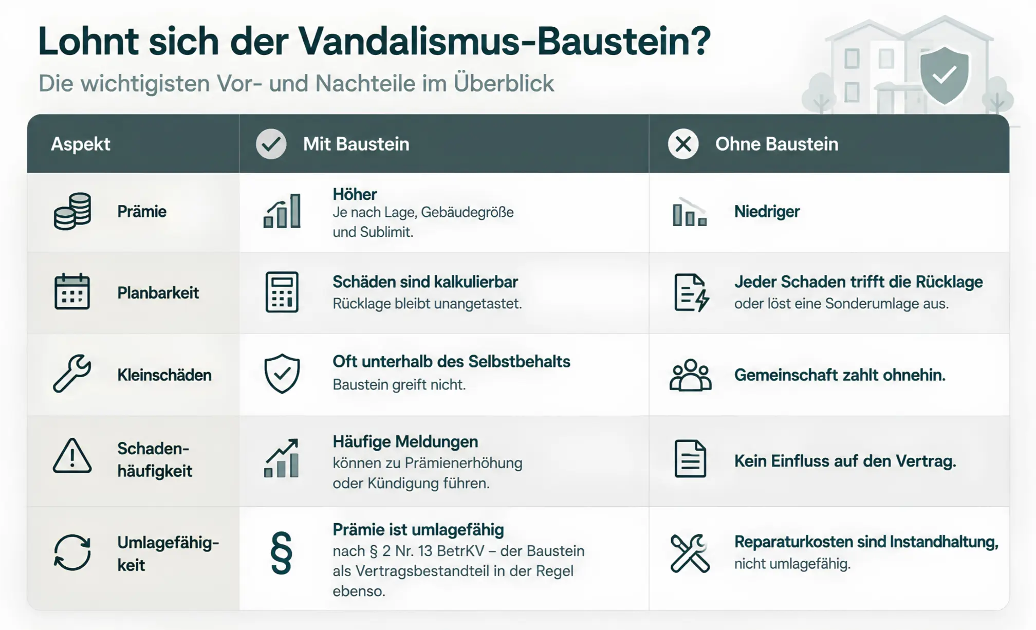 Infografik mit Vor- und Nachteilen eines Vandalismus-Bausteins in der Gebäudeversicherung, unter anderem zu Prämie, Planbarkeit, Kleinschäden, Schadenhäufigkeit und Umlagefähigkeit.