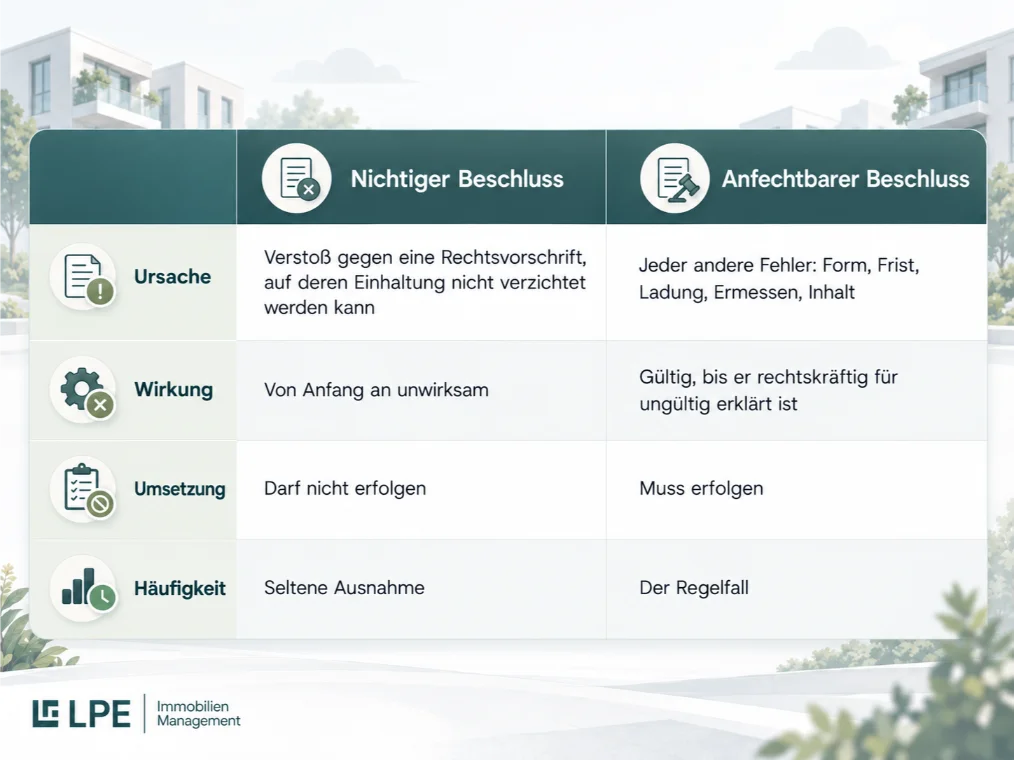 Infografik vergleicht nichtige und anfechtbare Beschlüsse in vier Punkten: Ursache, Wirkung, Umsetzung und Häufigkeit.